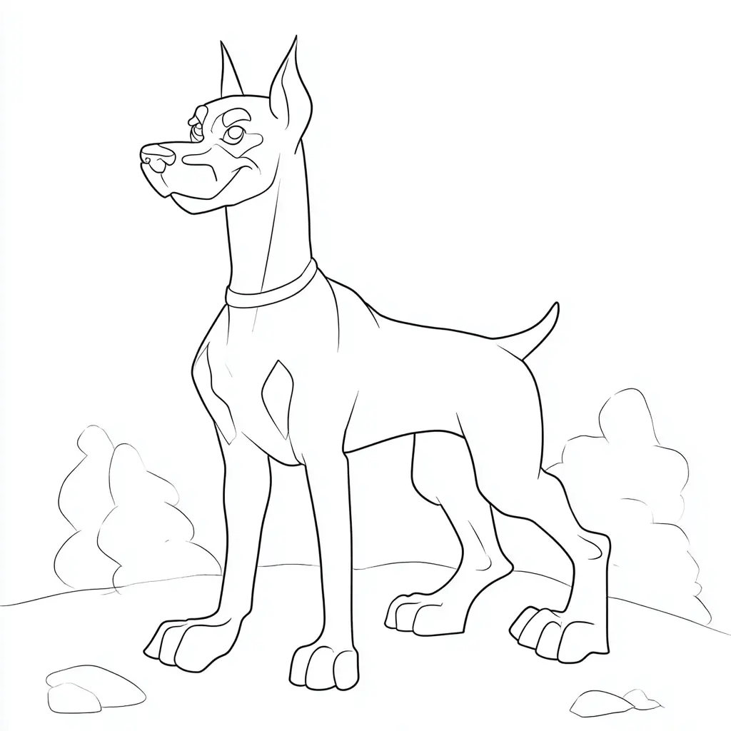 Dibujo de un dóberman en el campo para colorear Dibujo de un dóberman en el campo para colorear