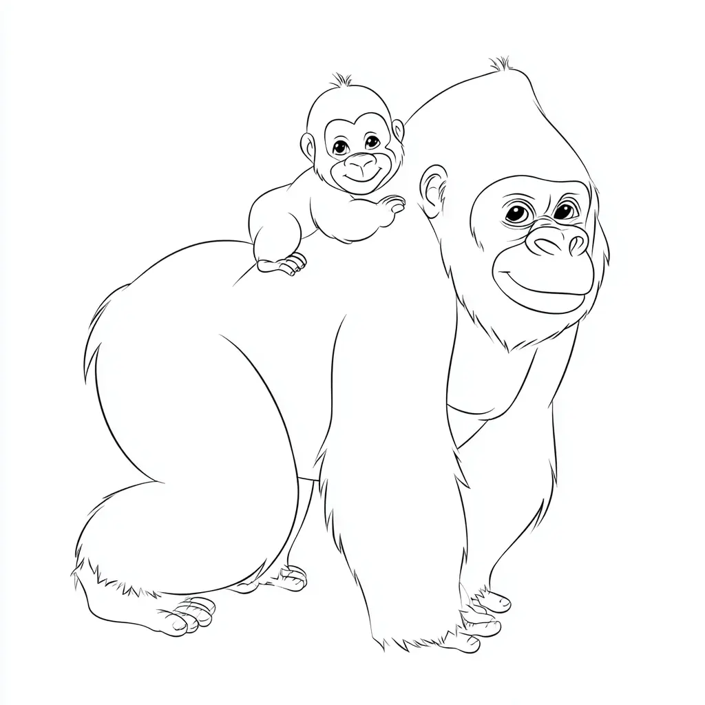 Dibujo de pequeño gorila sobre mamá para colorear Dibujo de pequeño gorila sobre mamá para colorear