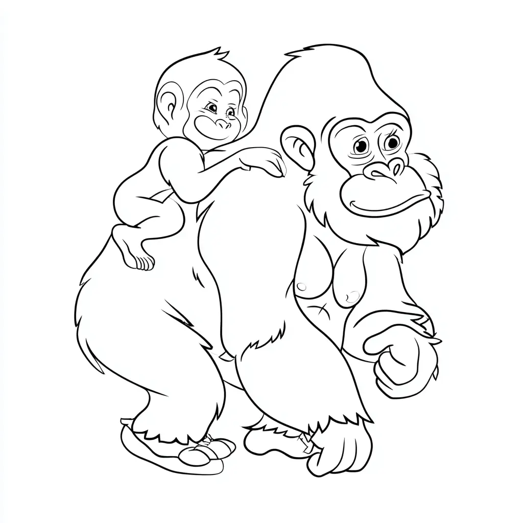 Dibujo de gorila y bebé de caricatura para colorear Dibujo de gorila y bebé de caricatura para colorear