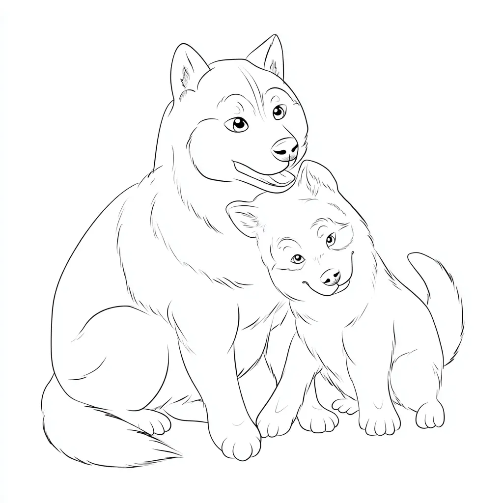 Dibujo de husky siberiano y cachorro lindo para colorear Dibujo de husky siberiano y cachorro lindo para colorear