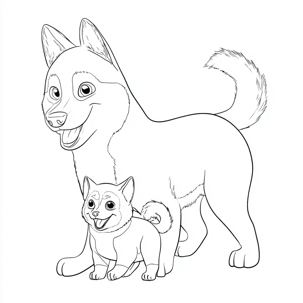Dibujo de husky siberiano con su pequeño para colorear Dibujo de husky siberiano con su pequeño para colorear