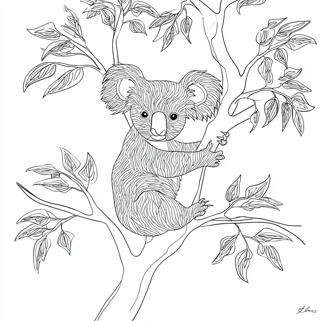 Dibujo de koala con hojas en el árbol para colorear