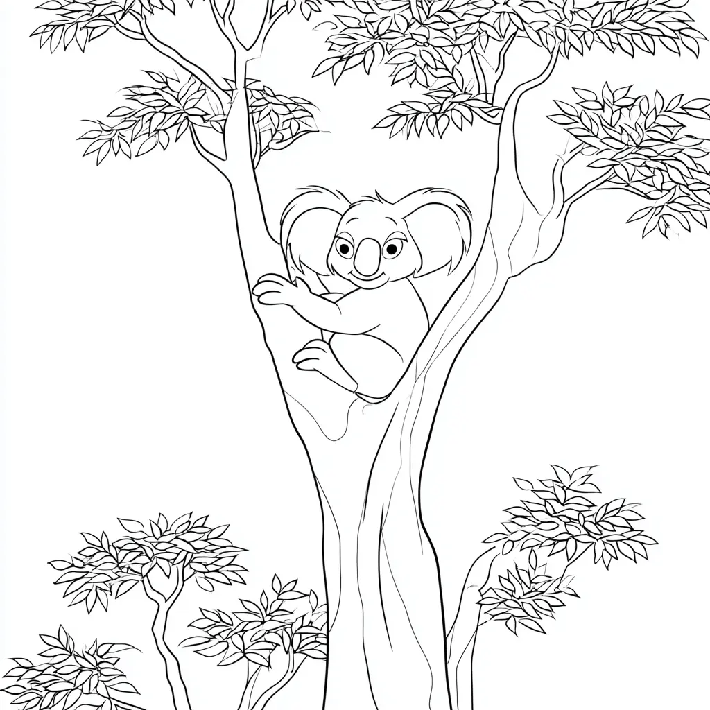 Dibujo de koala cartoon en el bosque para colorear