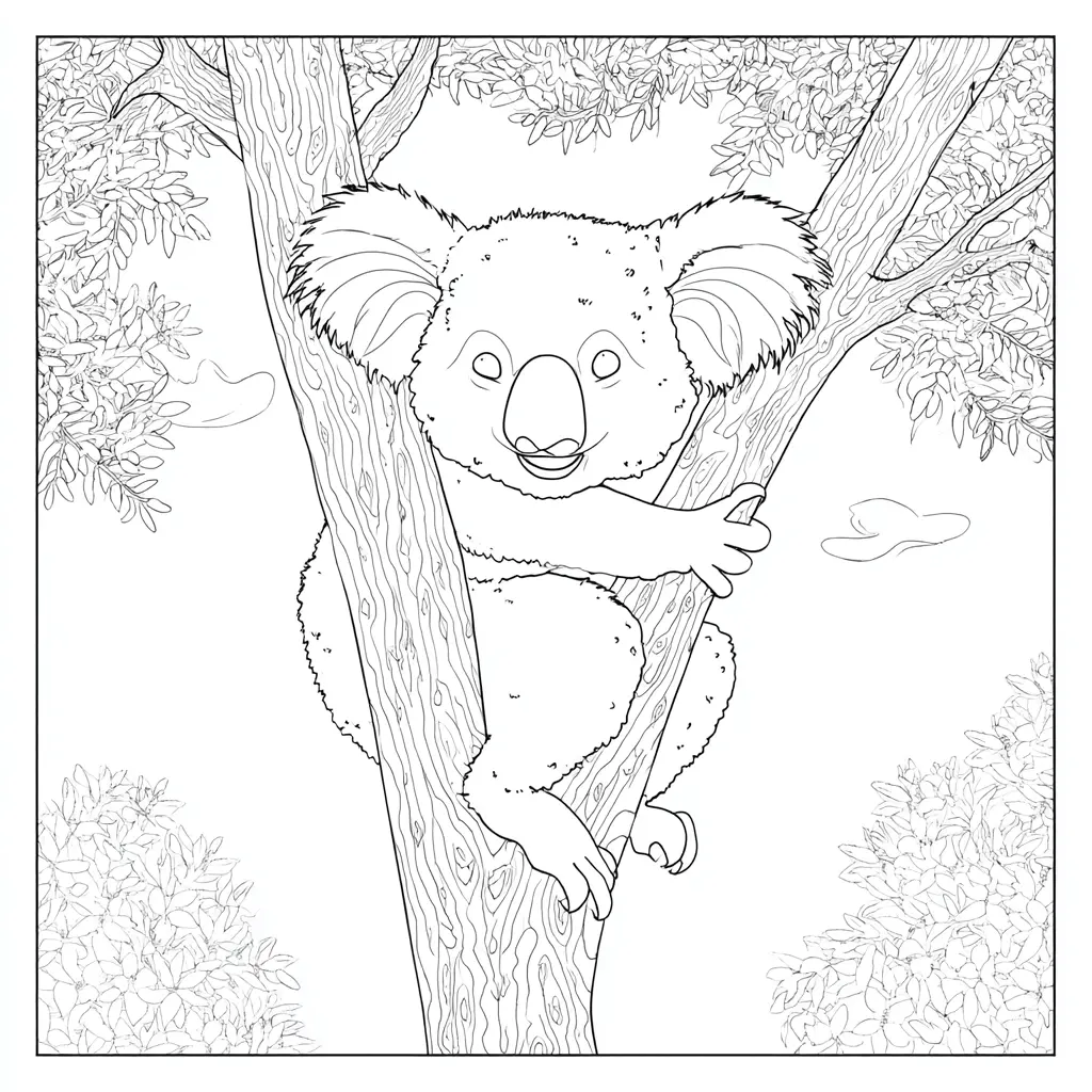 Dibujo de escena de koala subido en un árbol para colorear