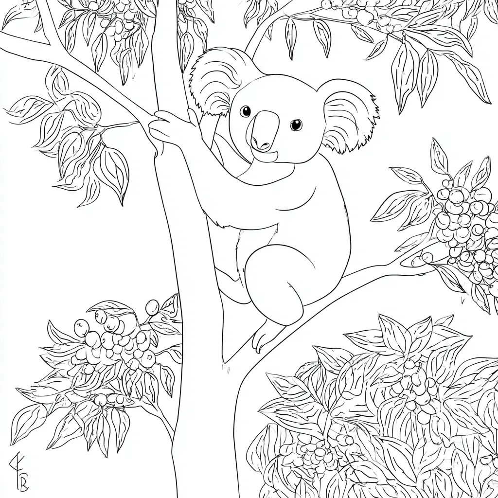 Dibujo de koala en un eucalipto para colorear