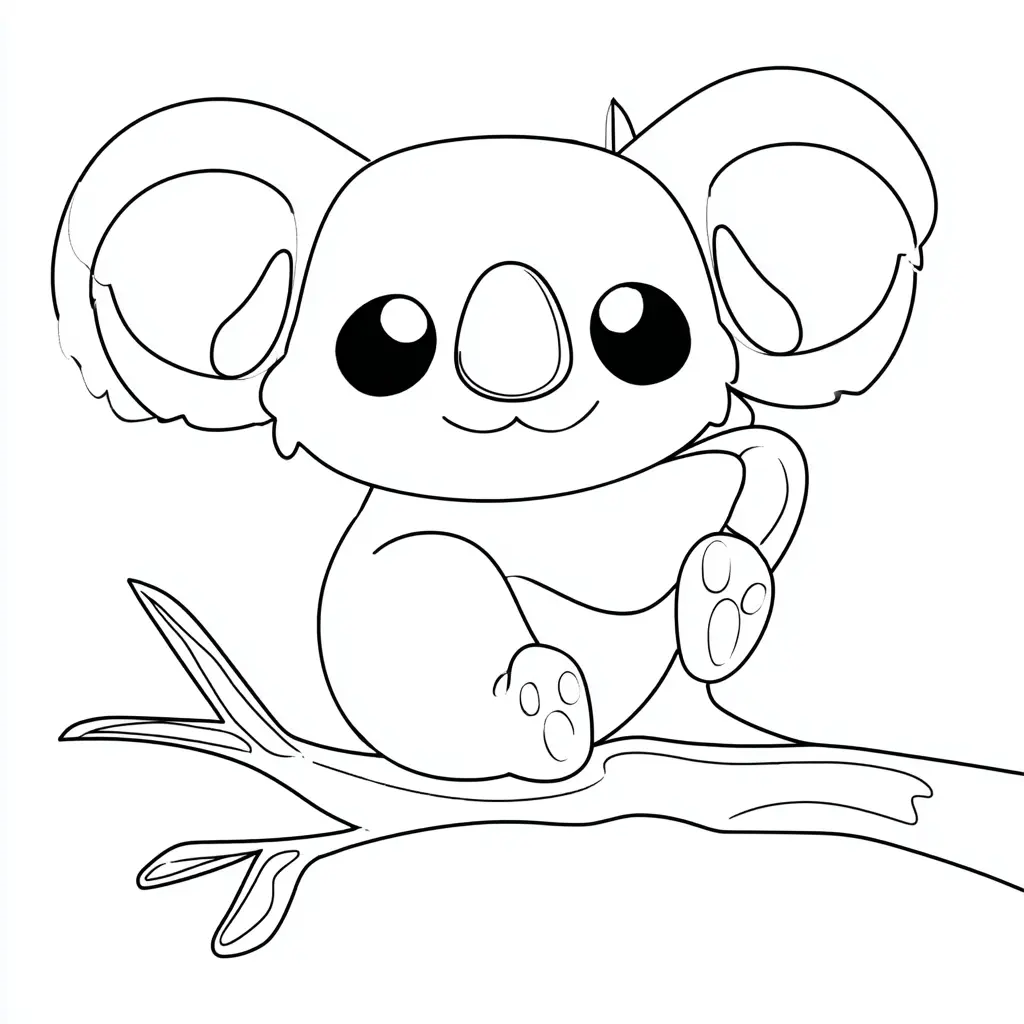 Dibujo de koala kawaii en una rama para colorear