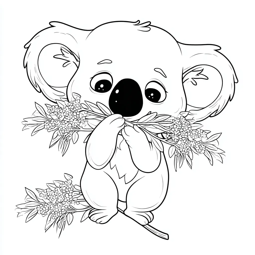 Dibujo de koala con ramas de eucalipto para colorear