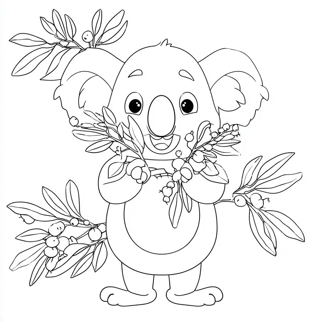 Dibujo de un koala con ramitas de eucalipto para colorear