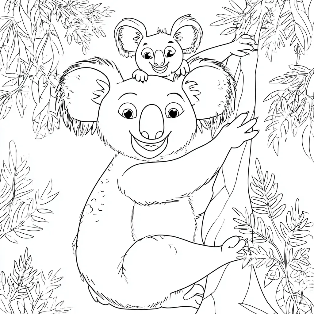 Dibujo de pequeño koala sobre su mamá para colorear