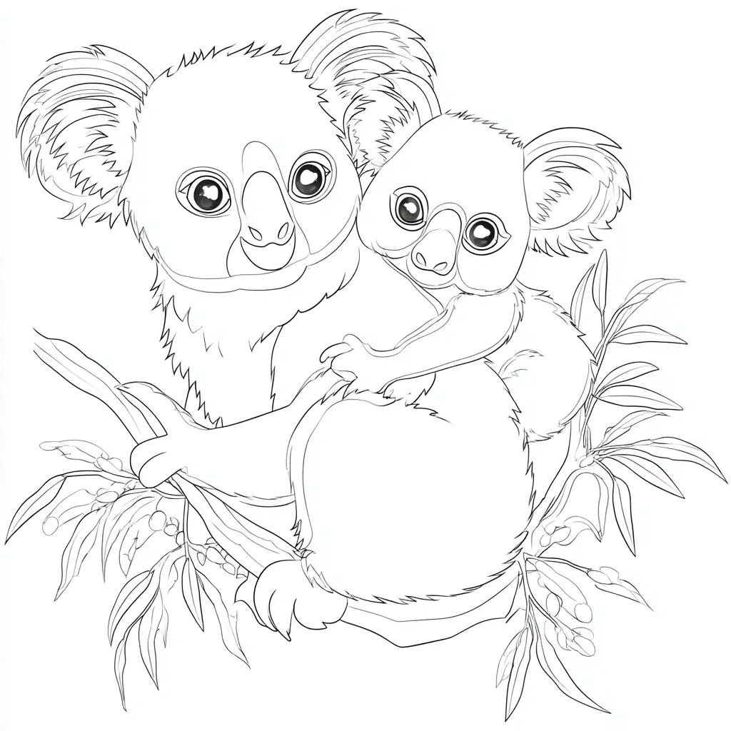 Dibujo de koalas sobre una rama de eucalipto para colorear
