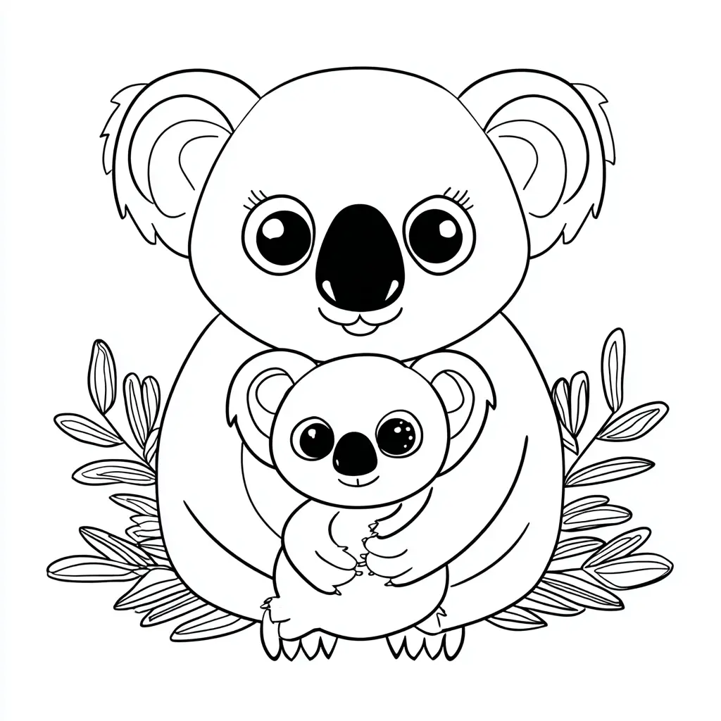 Dibujo de koala y cría sobre hojas de eucalipto para colorear