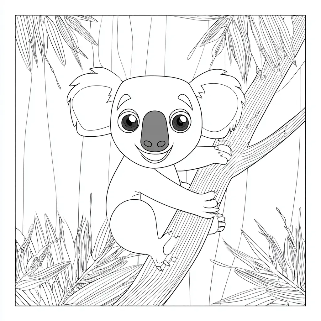 Dibujo de escena de koala en un árbol para colorear