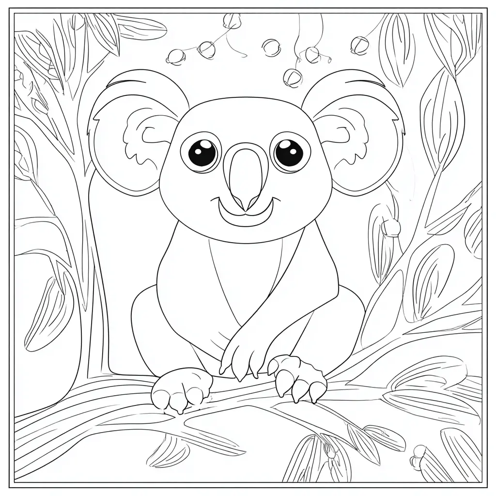 Dibujo de viñeta de koala en un árbol para colorear