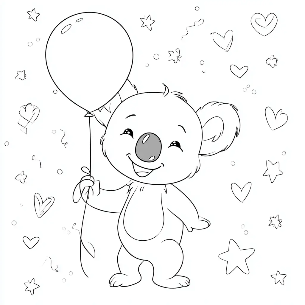 Dibujo de koala con globo y corazones para colorear