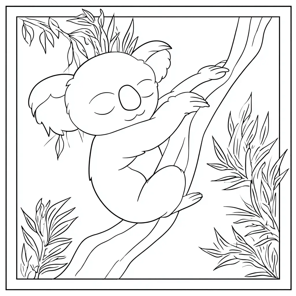 Dibujo de koala enmarcado sobre un árbol para colorear