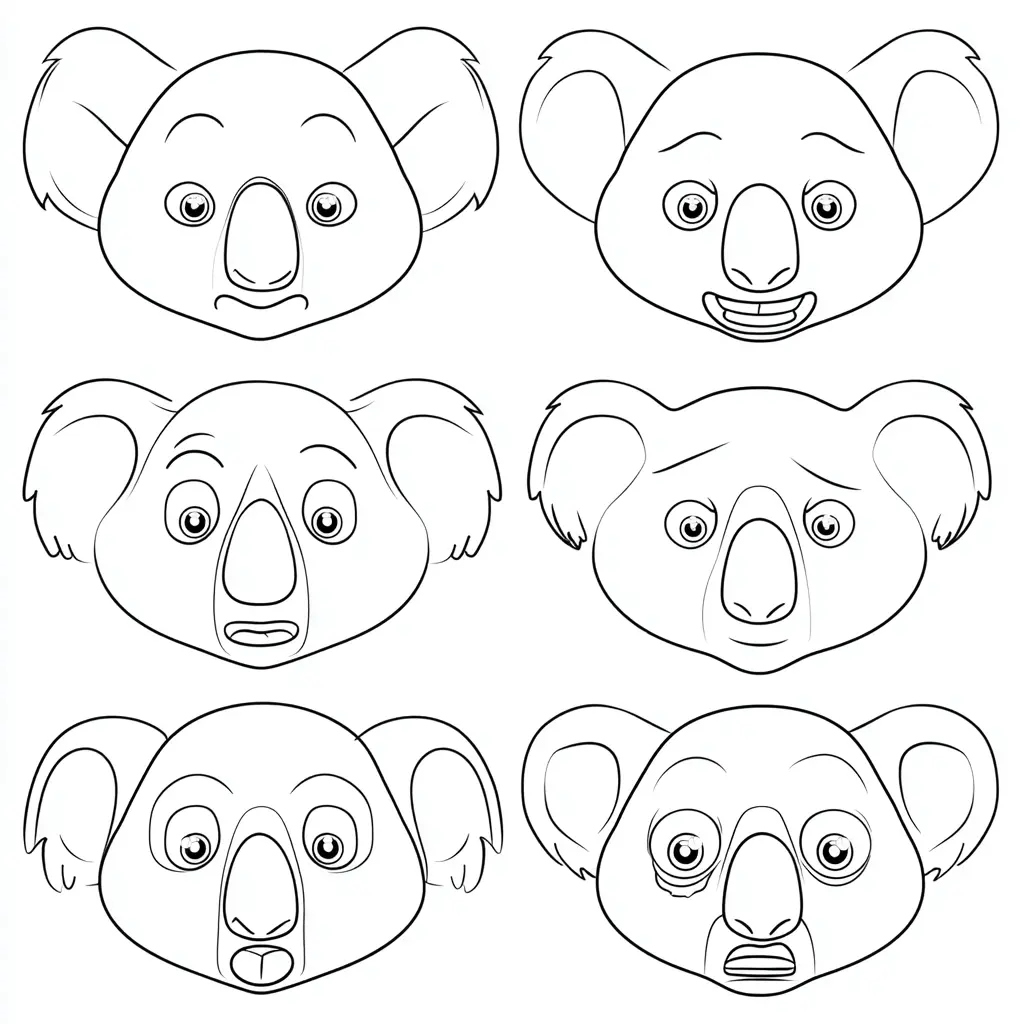 Dibujo de caras con expresiones de koala para colorear