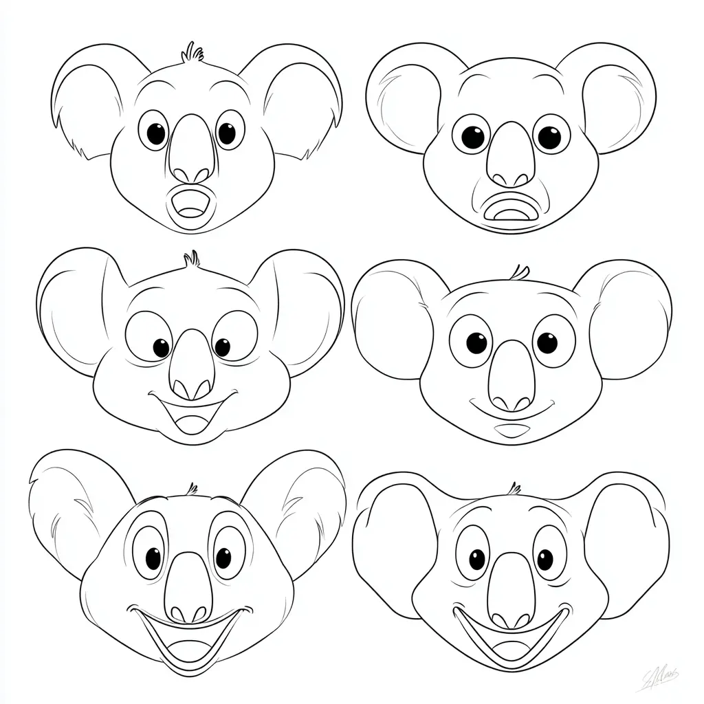 Dibujo de diferentes caras de koala para colorear