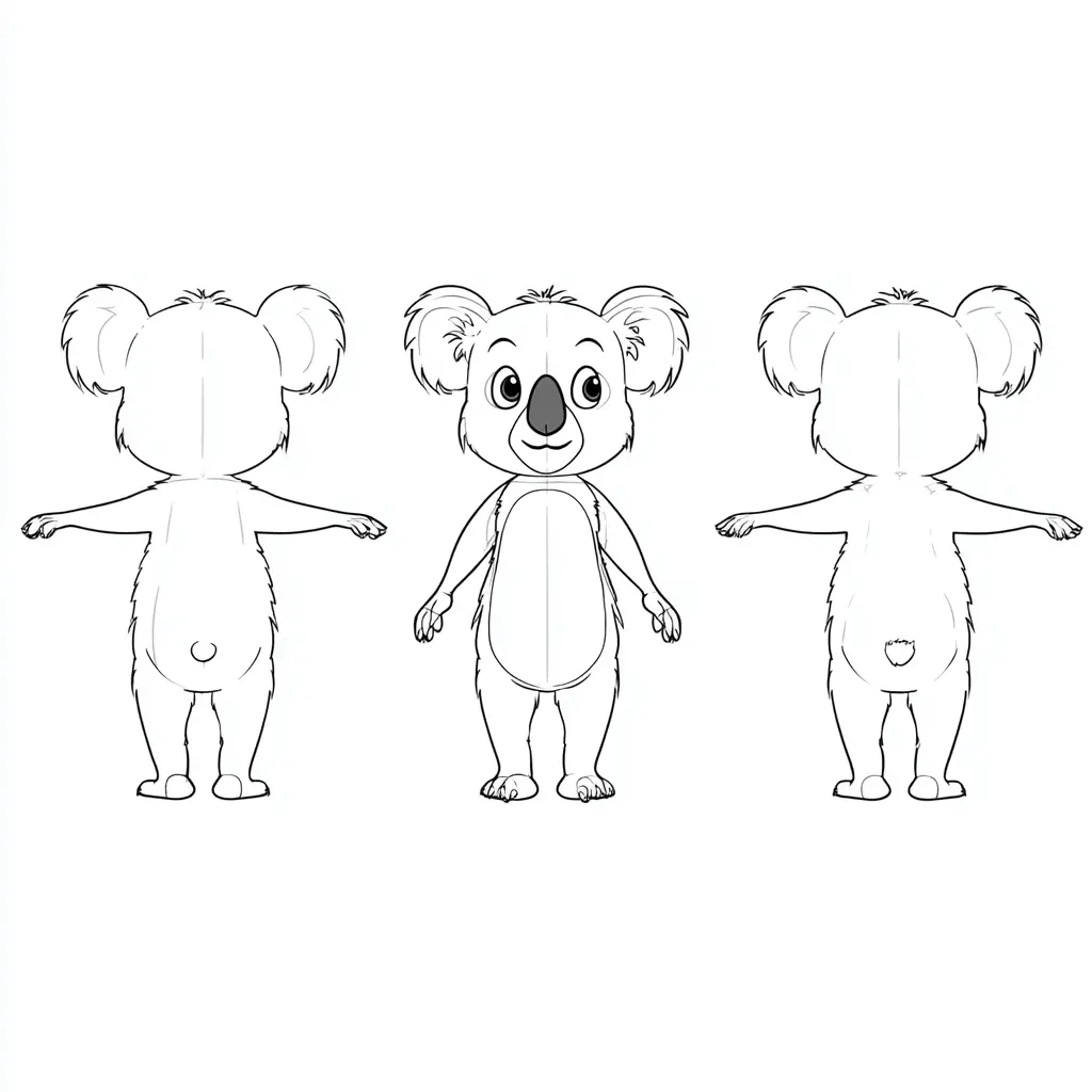 Dibujo de tres poses de koala de pie para colorear