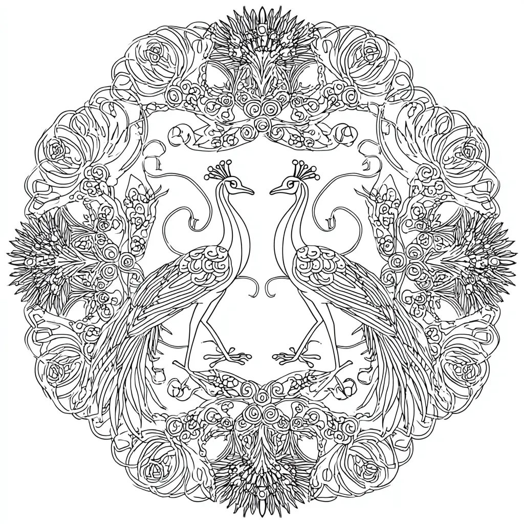 Dibujo de mandala floral con dos pavos reales para colorear