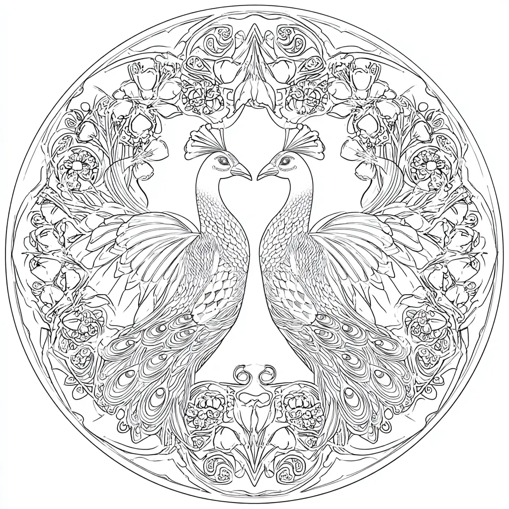 Dibujo de mandala circular de pavos reales para colorear