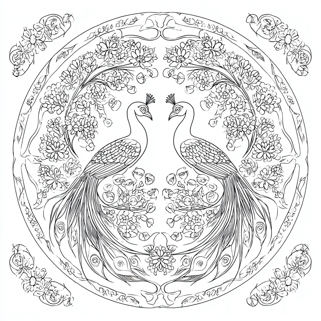 Dibujo de mandala de pavos reales con flores para colorear