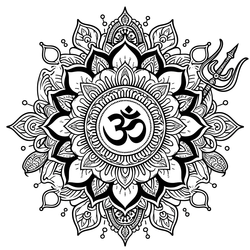 Dibujo de mandala budista con Om, loto y tridente para colorear