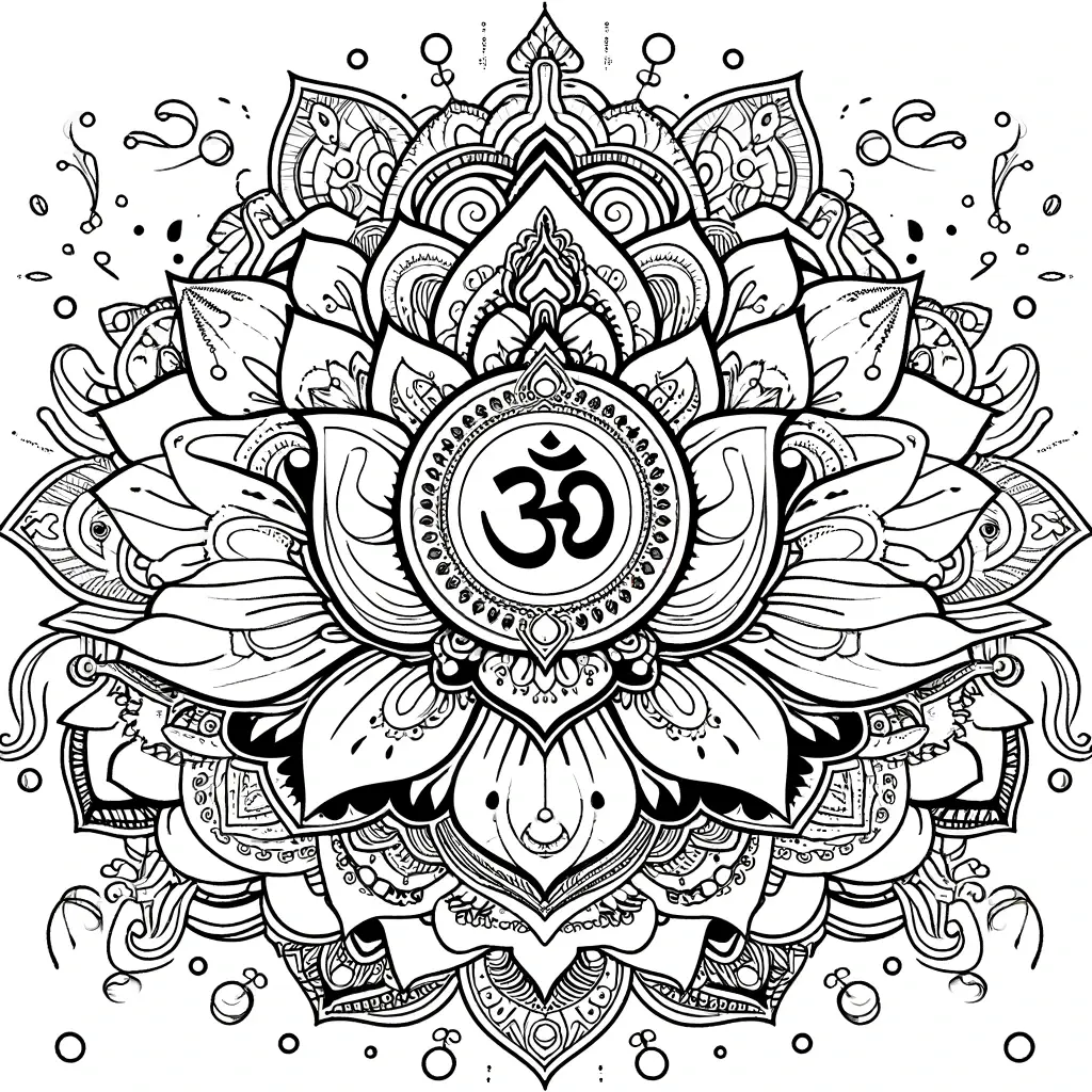 Dibujo de mandala budista de flor sagrada y Om para colorear