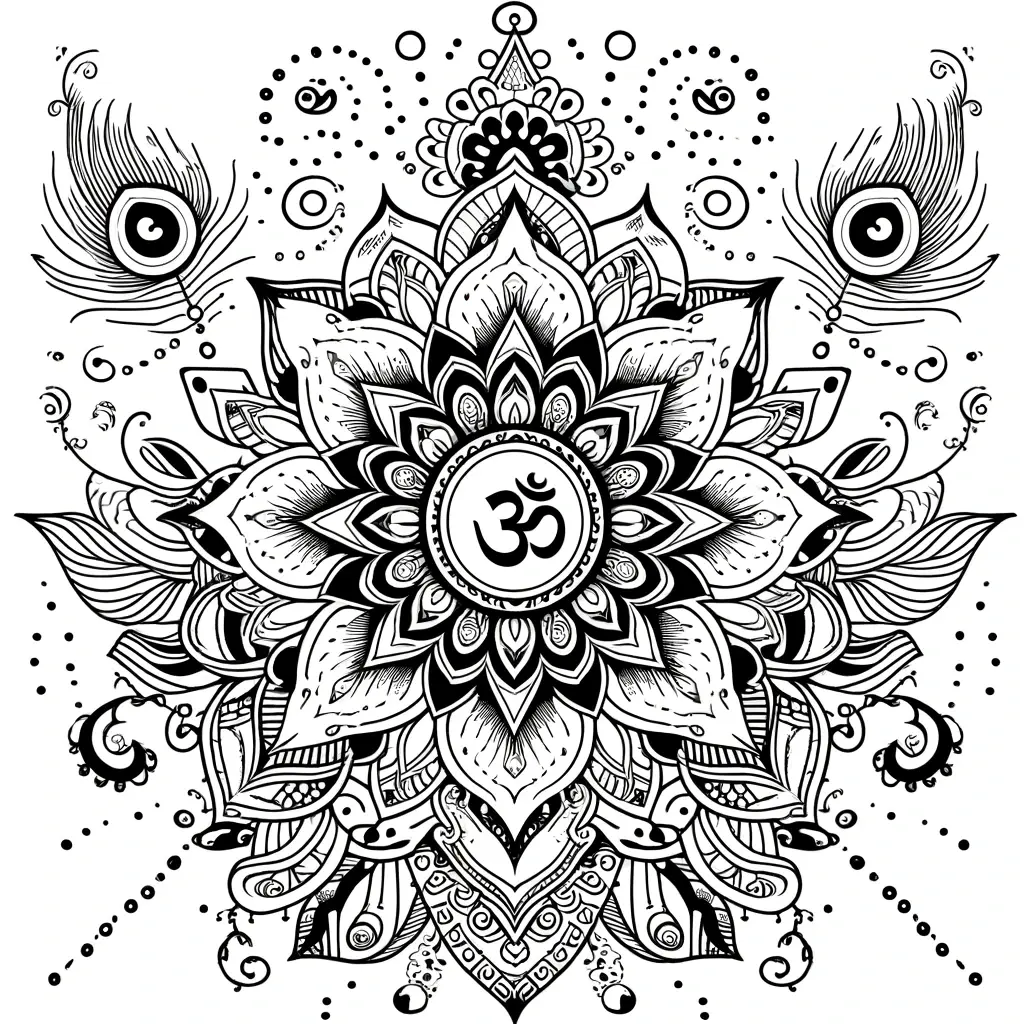 Dibujo de mandala budista con Om, loto y plumas para colorear