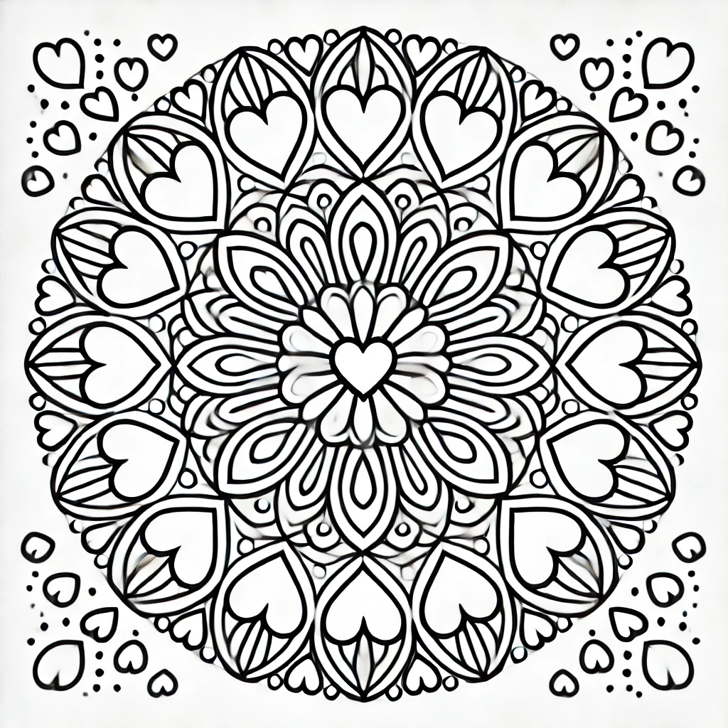Dibujo de mandala de corazones con simetría para colorear Dibujo de mandala de corazones con simetría para colorear