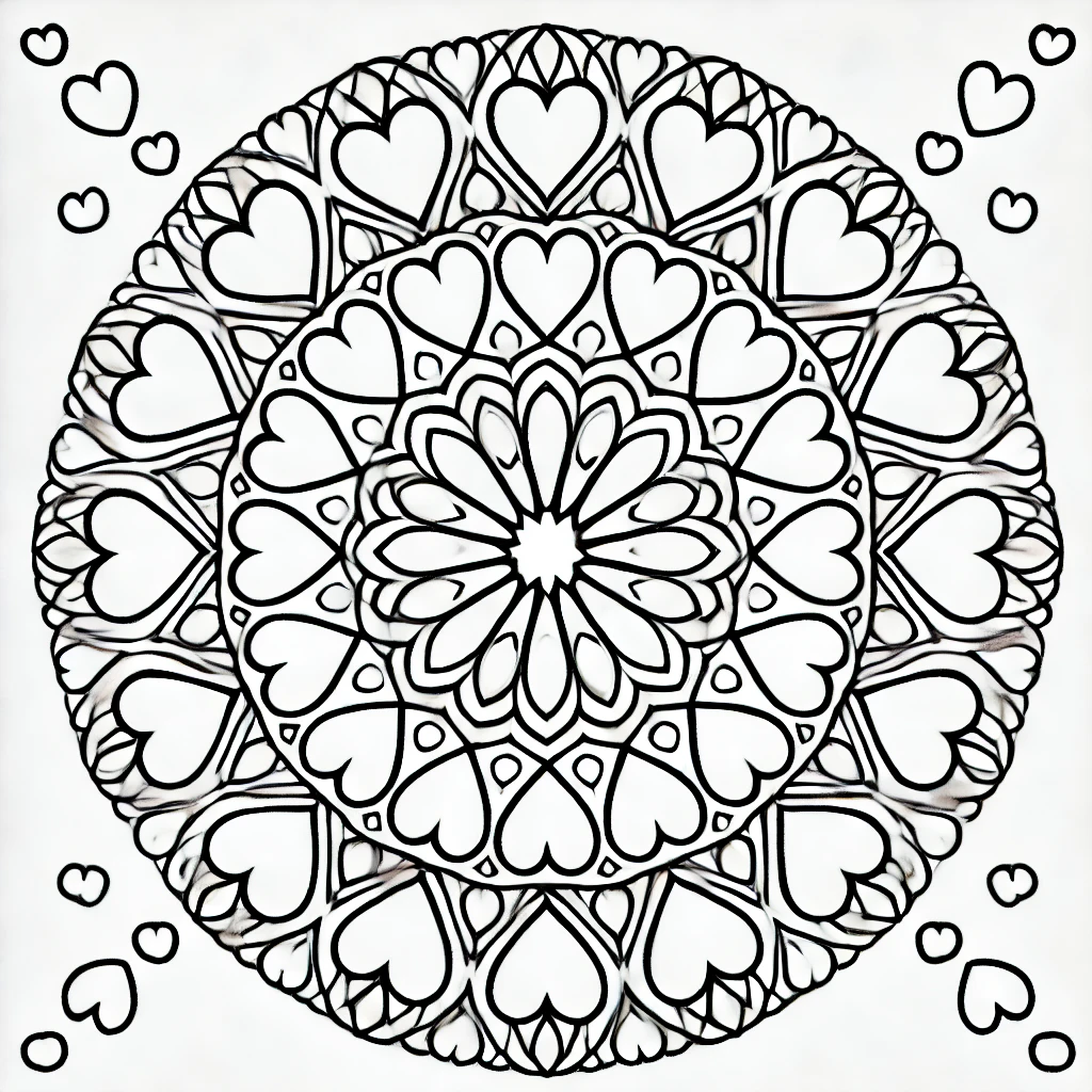Dibujo de mandala de corazones radiantes para colorear Dibujo de mandala de corazones radiantes para colorear