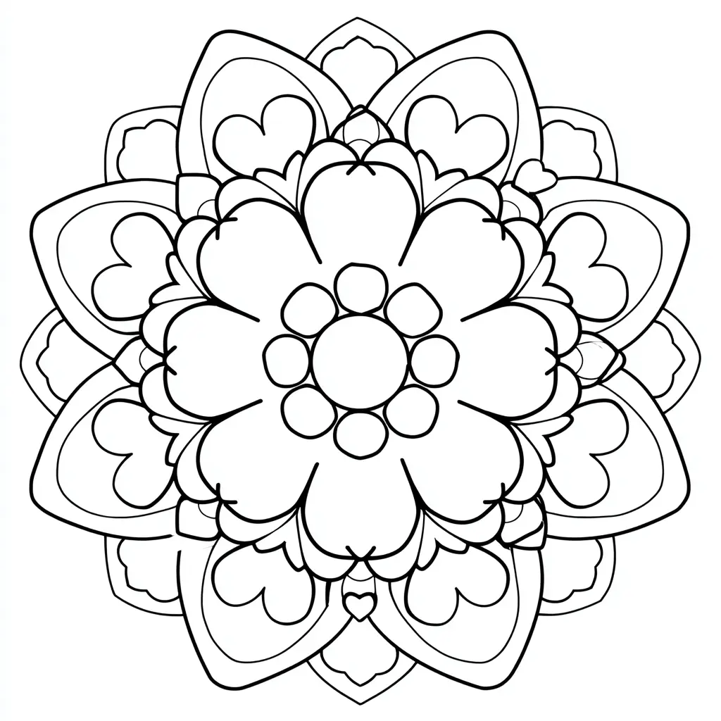 Dibujo de mandala fácil de corazones y flores para colorear