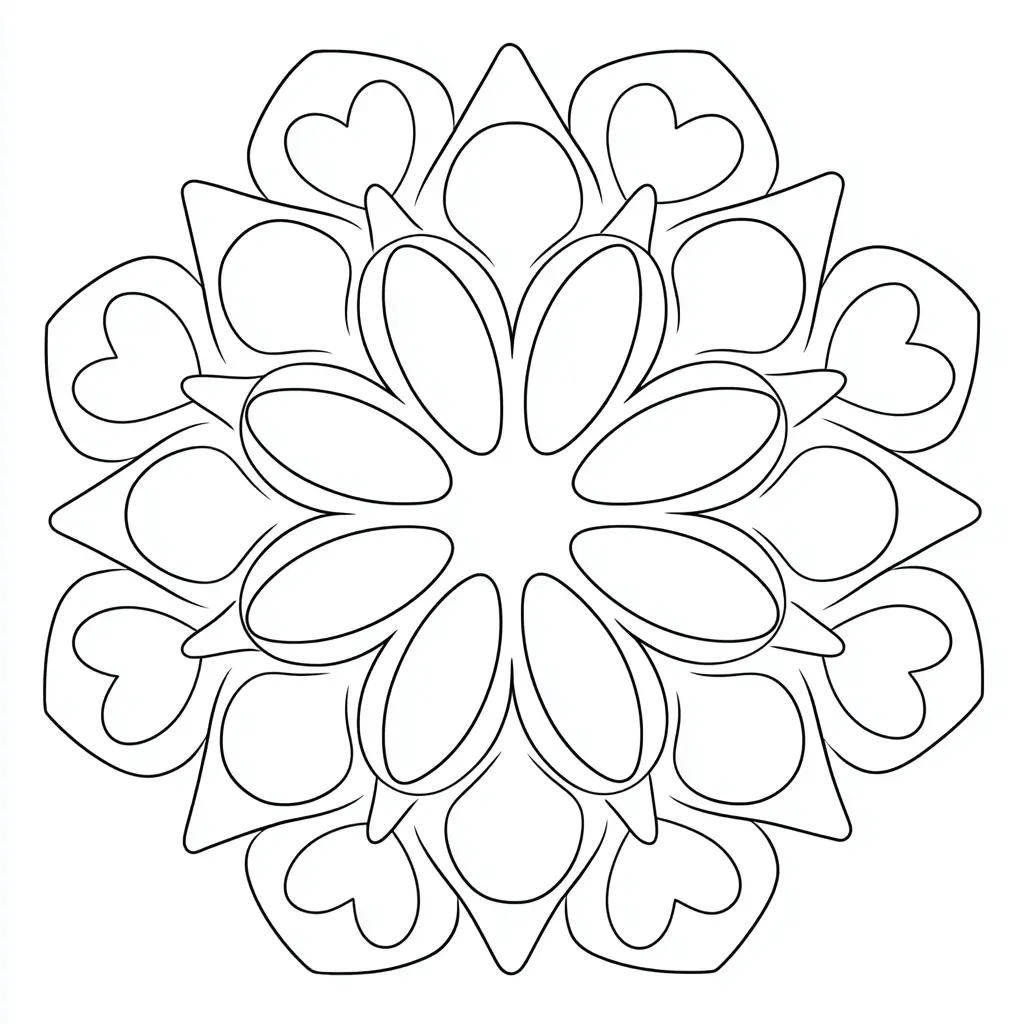 Dibujo de mandala fácil con pétalos y corazones para colorear