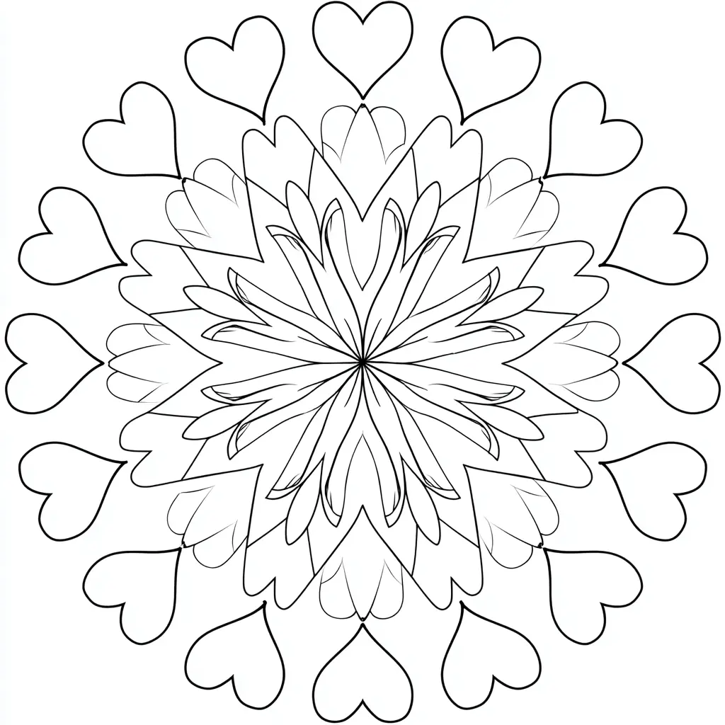 Dibujo de mandala fácil con detalles de corazones para colorear