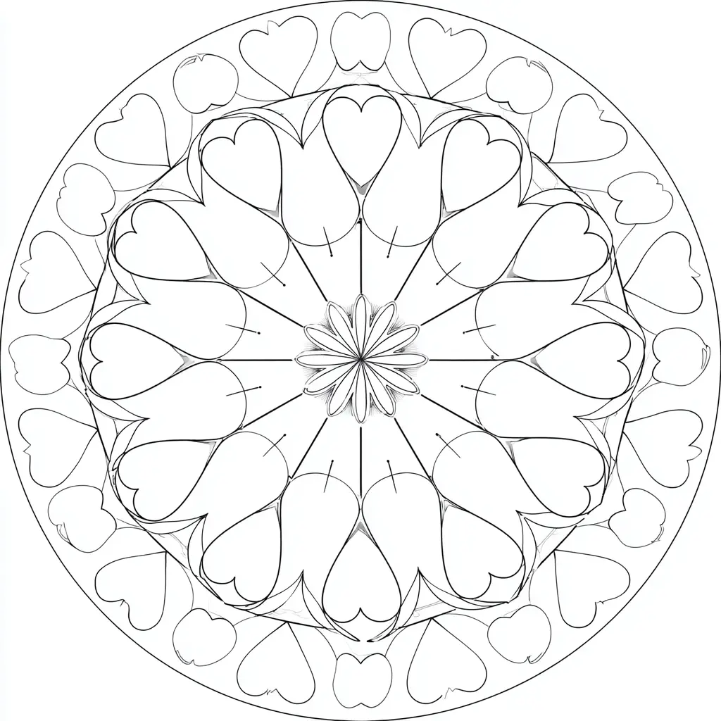 Dibujo de mandala fácil circular con corazones para colorear