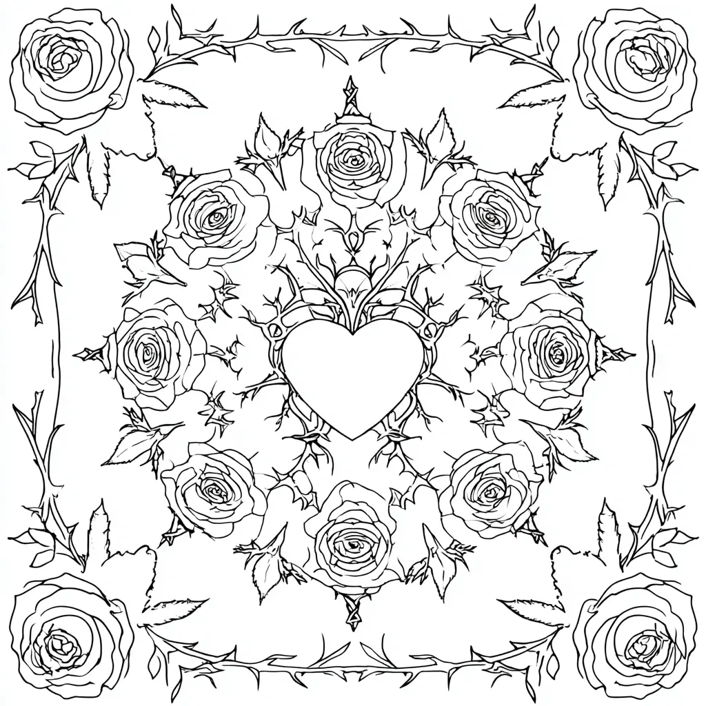 Dibujo de mandala de rosas, espinas y corazón para colorear Dibujo de mandala de rosas, espinas y corazón para colorear
