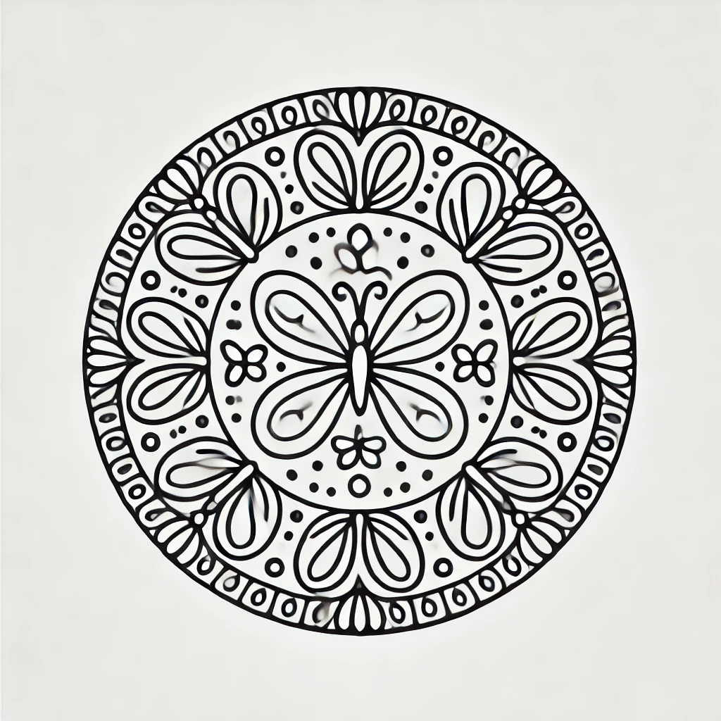 Dibujo de mandala infantil de círculo de mariposas para colorear