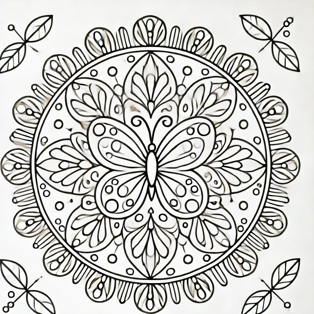 Dibujo de mandala infantil de mariposas y hojas para colorear