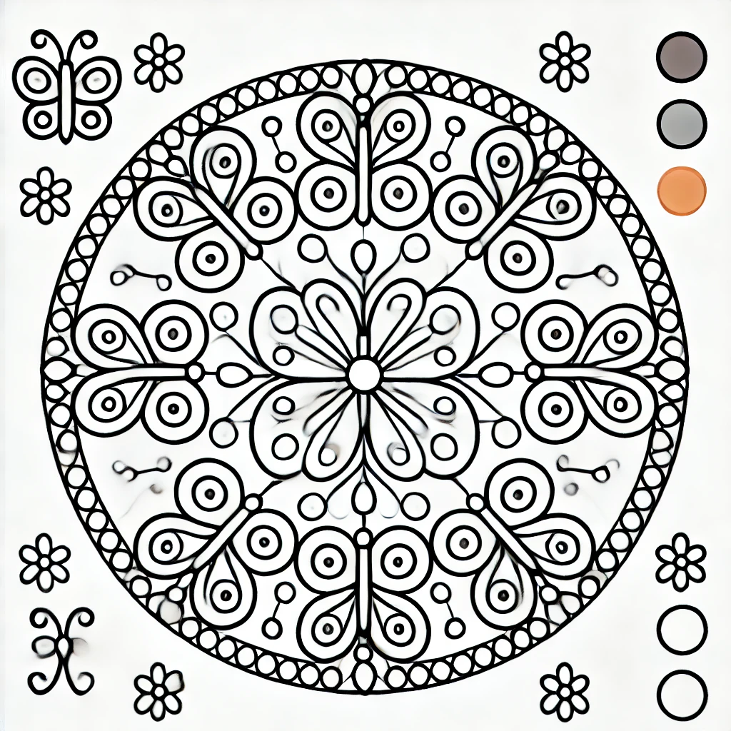 Dibujo de mandala infantil de mariposas en mosaico para colorear
