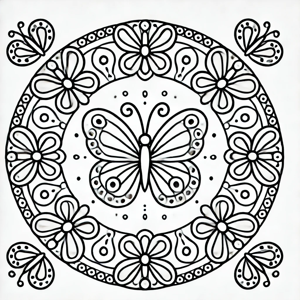 Dibujo de mandala infantil de mariposas florales para colorear