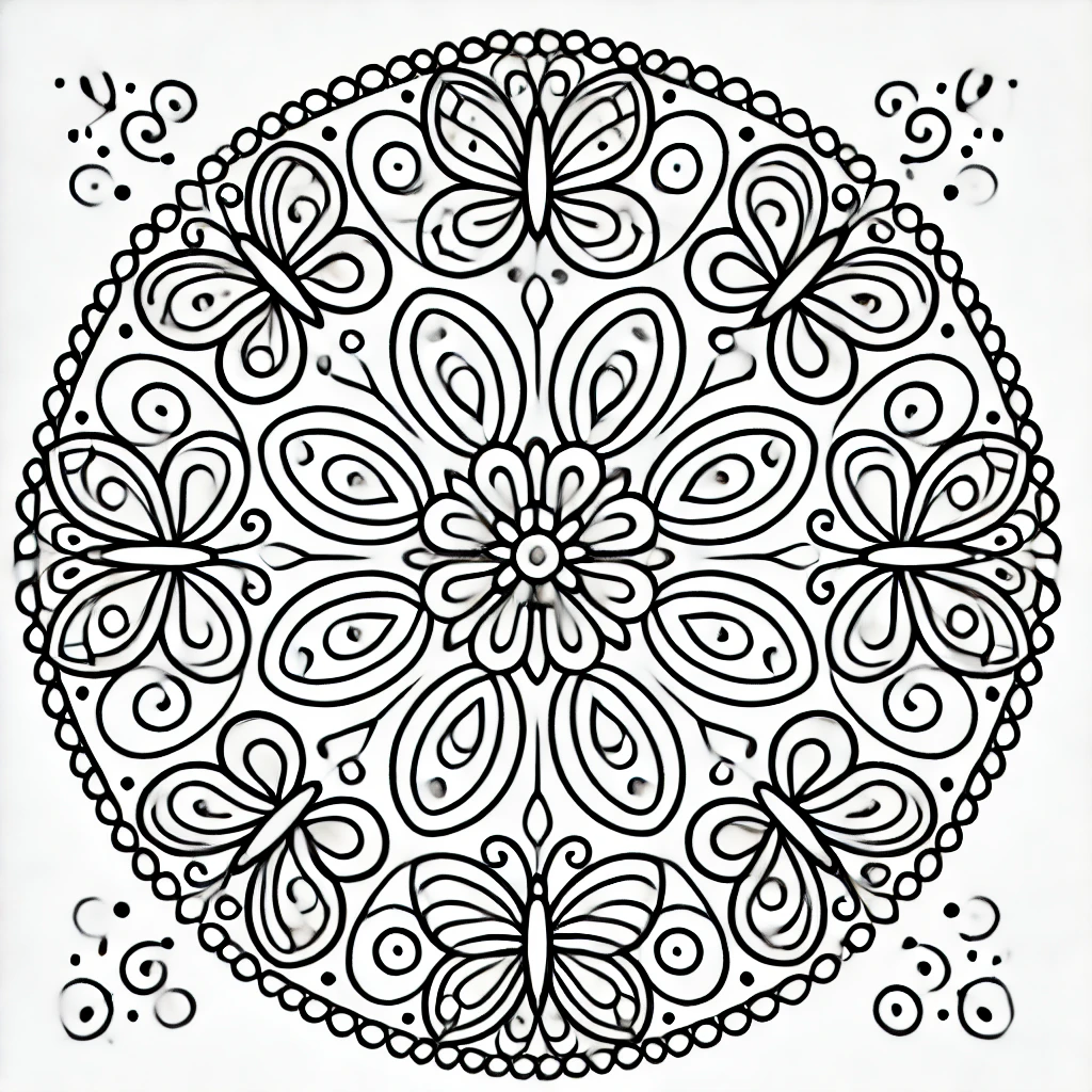Dibujo de mandala infantil de mariposas en patrón circular para colorear