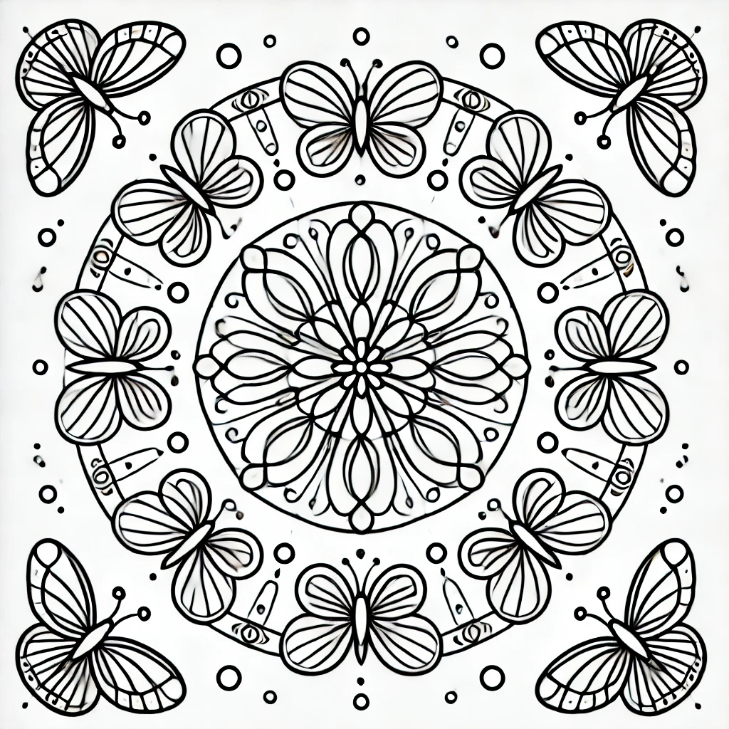 Dibujo de mandala infantil de mariposas para colorear
