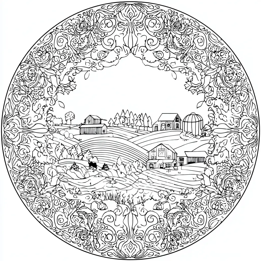 Dibujo de mandala de paisaje rural con ornamentos florales para colorear