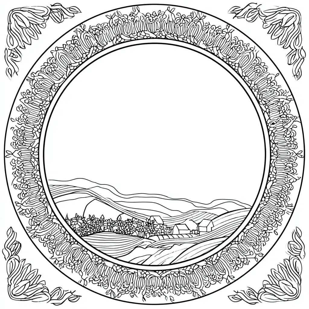 Dibujo de mandala decorativo de paisaje campestre para colorear