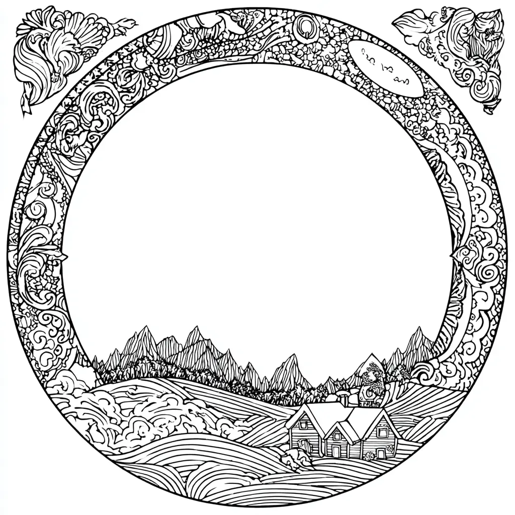 Dibujo de mandala de paisaje rural de estilo art nouveau para colorear