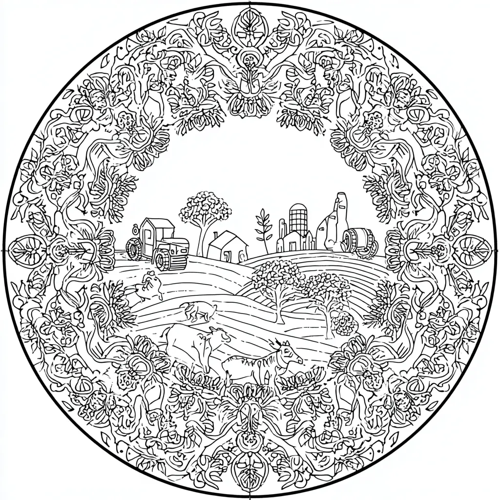 Dibujo de mandala de paisaje agrícola ornamental para colorear