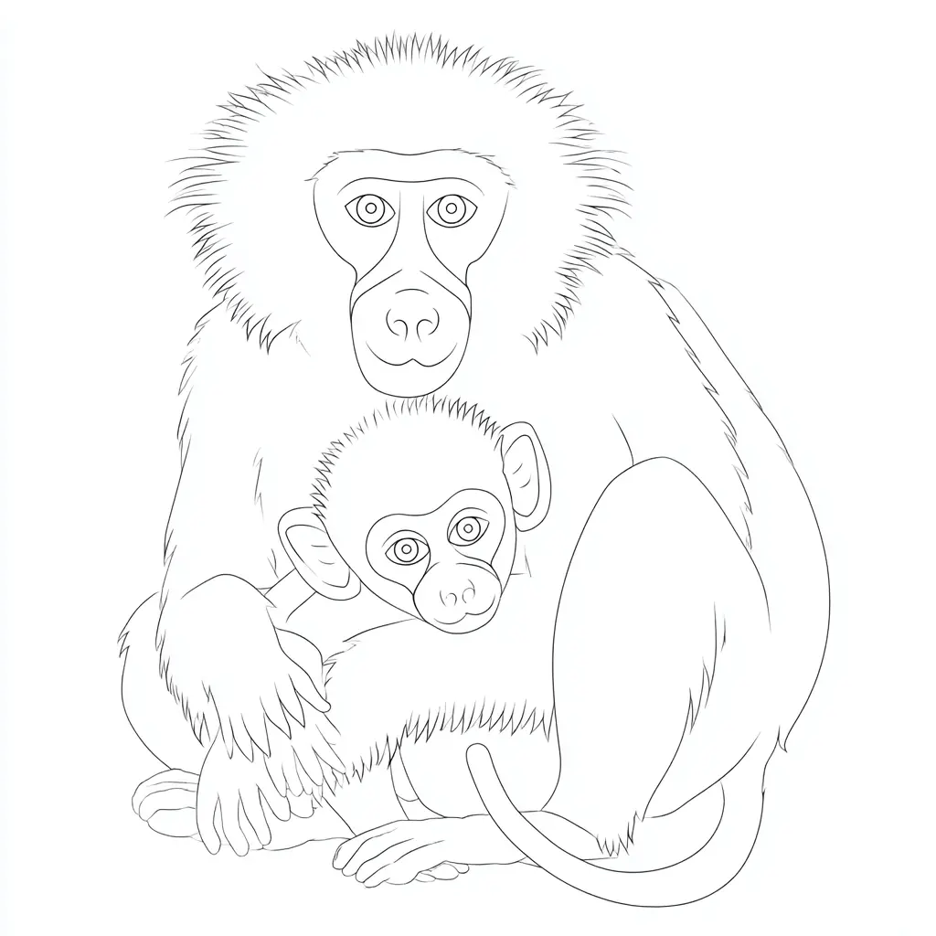 Dibujo de mono babuino bebé y mamá para colorear Dibujo de mono babuino bebé y mamá para colorear