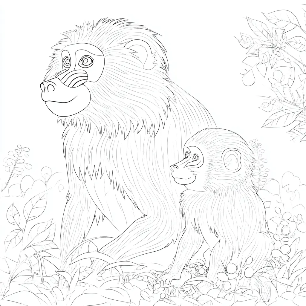 Dibujo de monos babuinos en la selva para colorear Dibujo de monos babuinos en la selva para colorear
