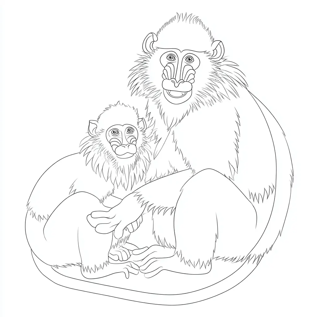Dibujo de mono babuino y su pequeño para colorear Dibujo de mono babuino y su pequeño para colorear