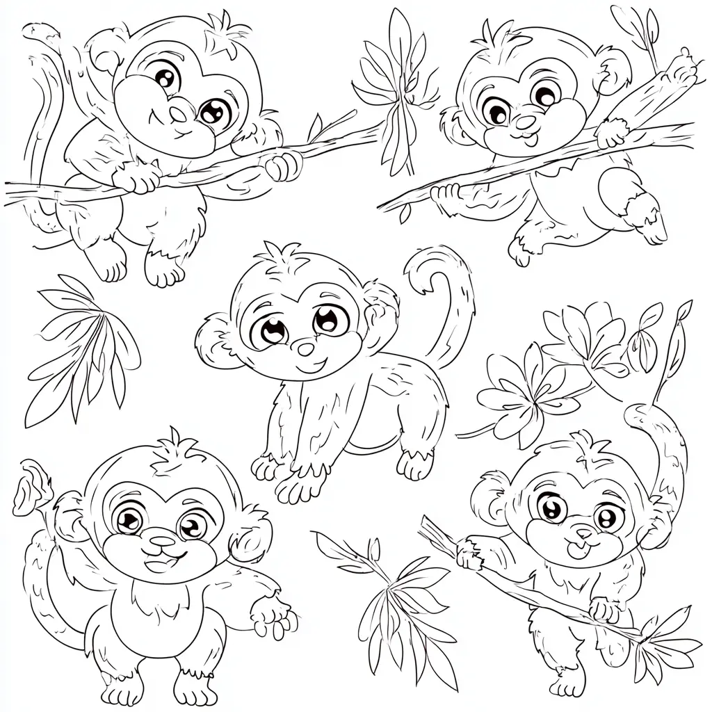 Dibujo de escenas de monos macacos kawaii para colorear Dibujo de escenas de monos macacos kawaii para colorear