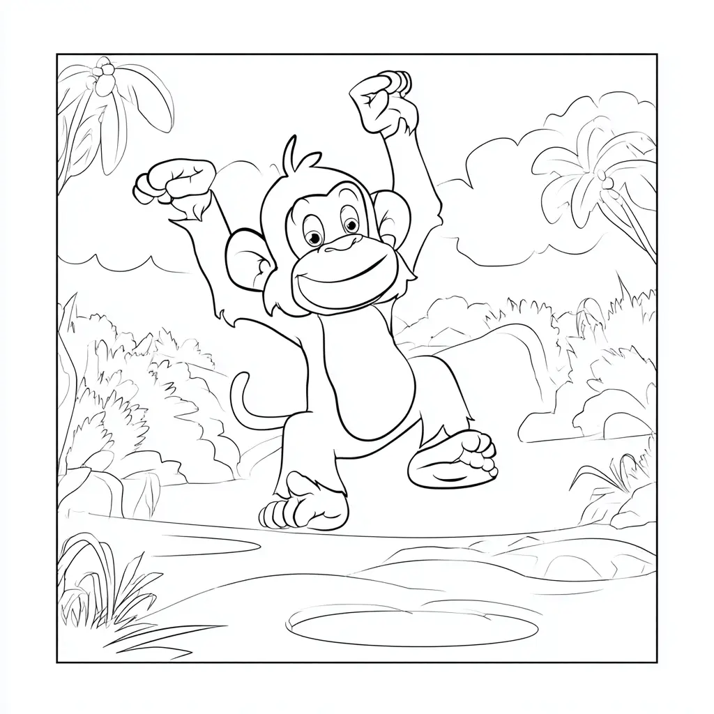 Dibujo de viñeta de mono en el bosque para colorear Dibujo de viñeta de mono en el bosque para colorear
